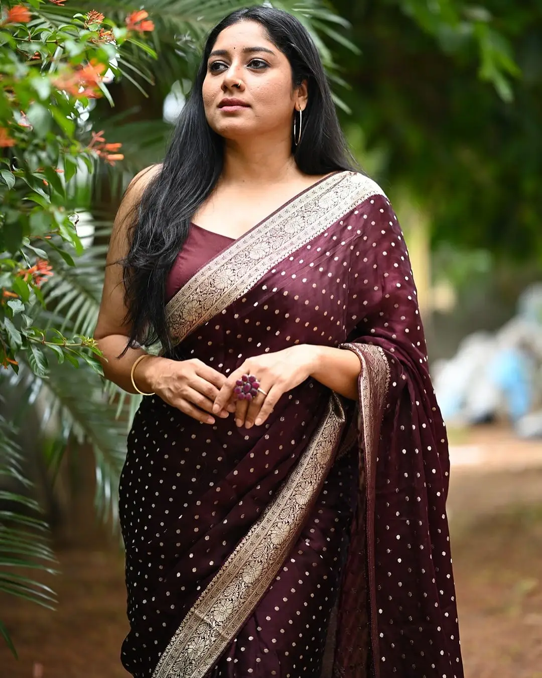 Malayalam Actress Anumol Images in Maroon Saree